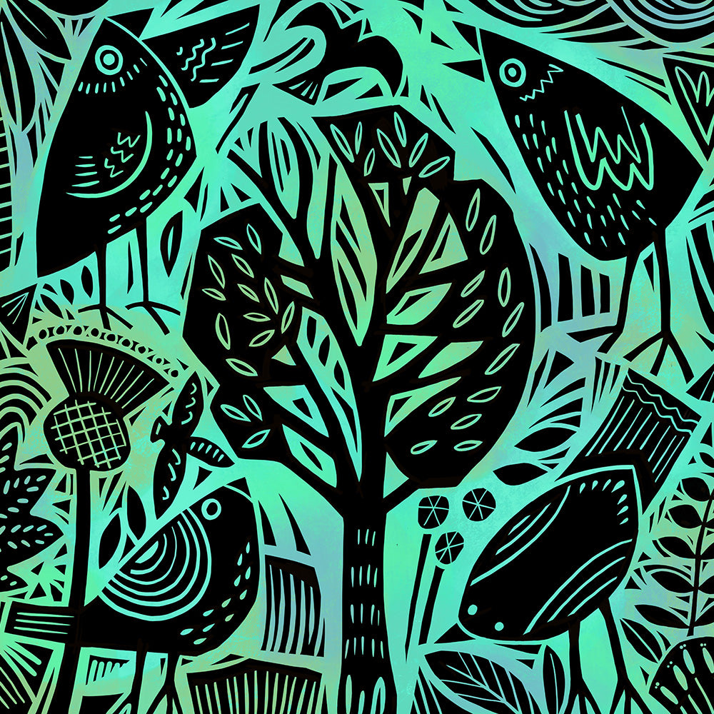 Four Funny Birds art print (green)